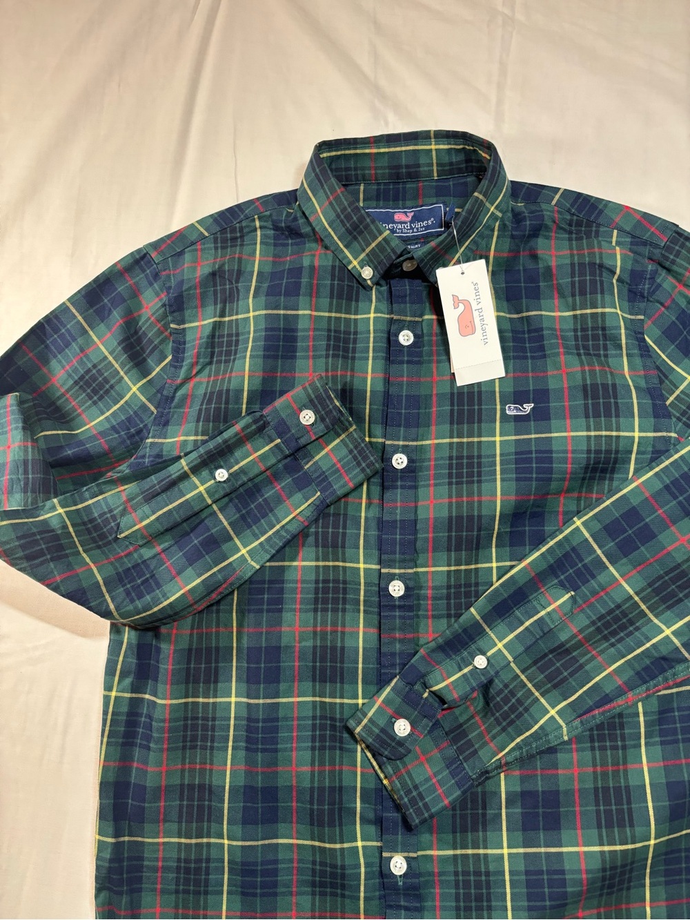 NWT Vineyard Vines Young Men's XL 18 Whale Shirt Green Navy Tartan Plaid